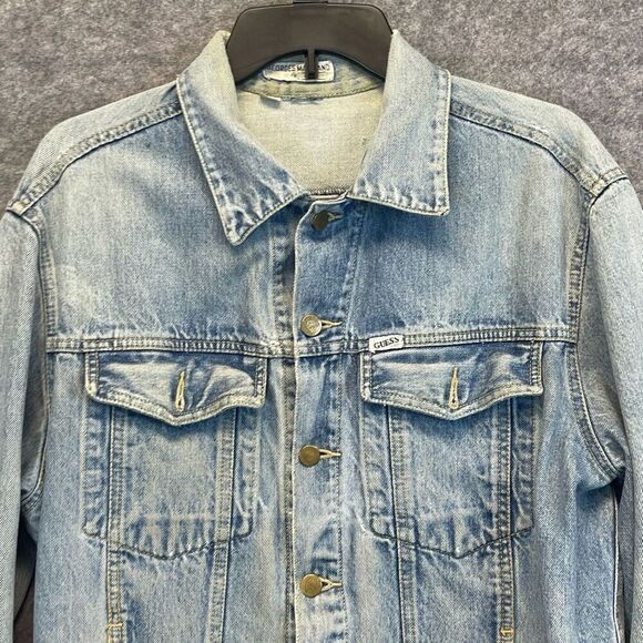Vintage GUESS BY MARCIANO Jean Jacket Men's Large Blue Trashed Trucker Style - Picture 2 of 15